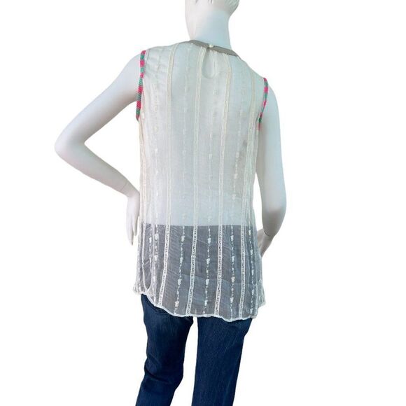 Custo Barcelona Sheer Ivory Lace Sleeveless Tank Top with Pink & Green Trim, S - Picture 5 of 7